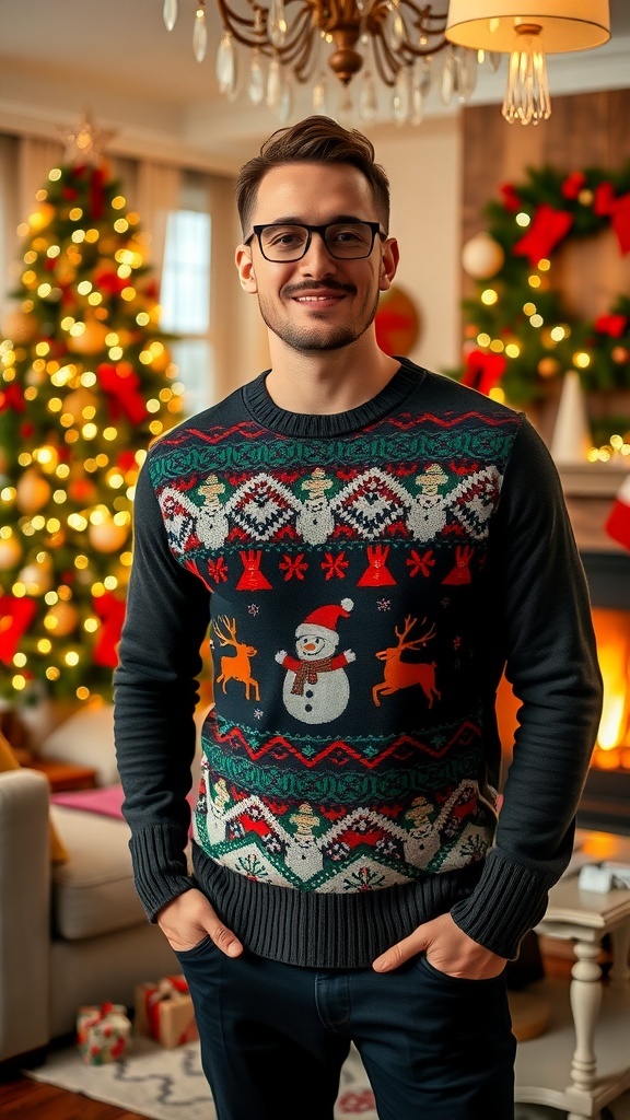A man in a Christmas sweater in a festive living room with a decorated tree.